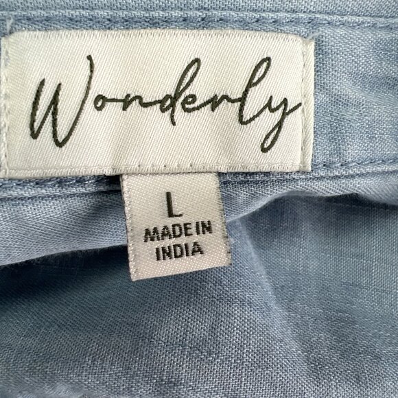 Wonderly L Blue Chambray Top Tunic Ruffle Hem Lyocell Button Front Long Sleeves - Picture 7 of 8